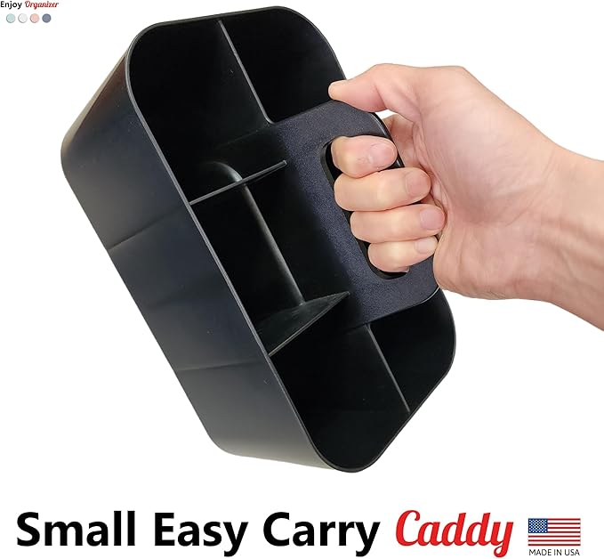2 Pack Small 6 Compartment Multiuse Caddy Organizer with Handle Art Craft Supplies, Office, Desk, Stationery Pen Holder Stackable- Made In USA (Black/Ivory)