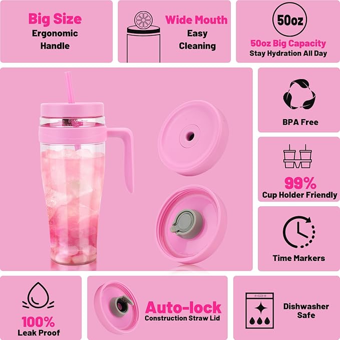 Hydraful 50 oz Tritan Plastic Tumbler with Lid and Straw and Handle - 100% Leak-Proof - Perfect for Iced Coffee, Smoothies, and Juice - Wide Mouth Reusable Water Bottle with Time Marker