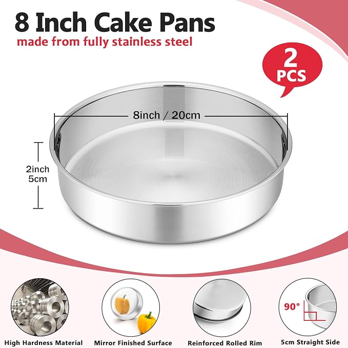 P&P CHEF 8 Inch Cake Pan Set of 2, Stainless Steel Round Baking Cake Pans | For Baking Serving, Non Toxic & Healthy, Leak-proof & Easy Clean, Mirror Finish & Easy Releasing, Oven & Dishwasher Safe - Image 2