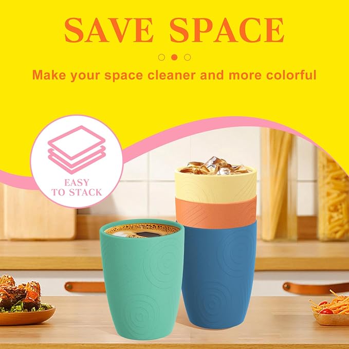 Homienly Plastic Cups Alternative Wheat Straw Drinking Glasses 4-Pack | 12 oz Unbreakable & Reusable Plastic Cups, Microwave Safe | Everyday Kids Tumblers & Kitchen Accessories (Multi-Color) - Image 4
