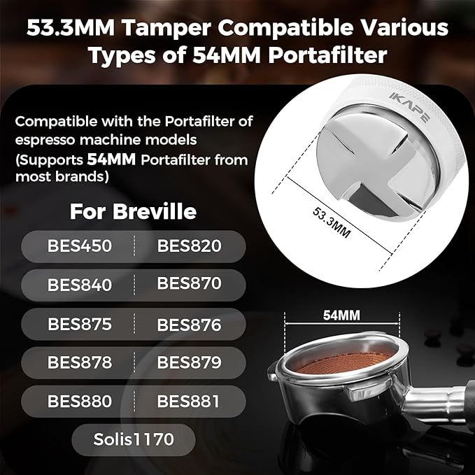 IKAPE Coffee Products, 53mm Coffee Distributor & Hand Tamper, Adjustable Depth Espresso Distributor Fits All 53mm Espresso Portafilter, Compatible with 54MM Breville Bottomless Portafilter (White)