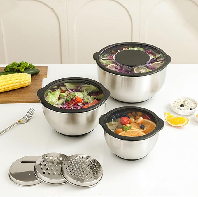 Asixxsix 3PCS Mixing Bowls with Lids Set and 3PCS Graters, Stainless Steel Nesting Bowls, Easy to Use Nesting Salad Bowl for Food Baking, Mixing, Serving, Storing