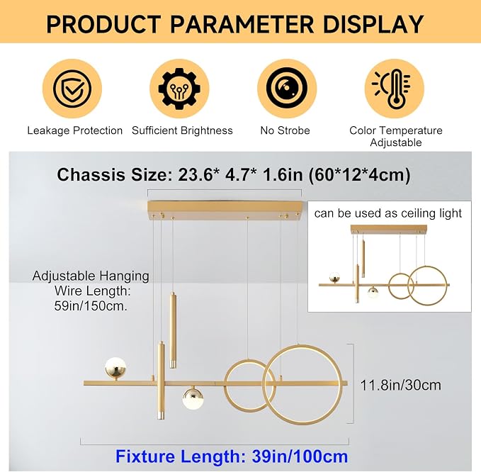 ORANOOR LED Gold Chandelier for Dining Room 39in Dimmable Modern Chandelier | Gold Pendant Lights for Kitchen Island, Linear Ring Globe Pendant Light Fixtures Dining Room Lights Ceiling Hanging - Image 4