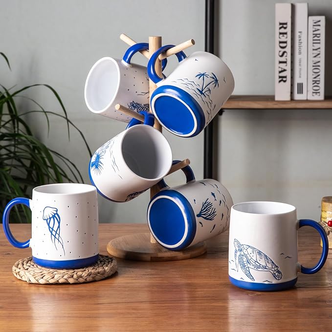 AmorArc Large Coffee Mugs Set of 6, 18oz Ceramic Coffee Cups with Sea Life Textured Patterns for Tea Latte Cocoa. Easy to Hold&Clean, Dishwasher&Microwave Safe, Matt White - Image 7