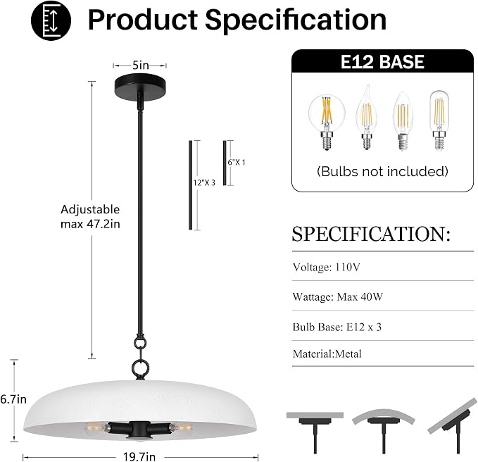 LamQee 20 Inch Oversized Large Pendant Lights, 3-Lights Textured White Modern Dome Chandelier, Rustic Metal Pendant Lighting Fixture Ceiling Hanging for Kitchen Island, Dining Room Over Table, Bar - Image 6
