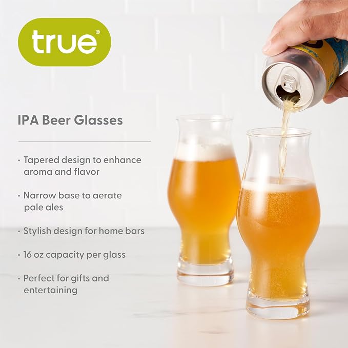 True IPA Beer Glasses, Clear Pint Glasses for IPAs, Pilsners, Pale Ales, Stouts, Game Night, Beer Gifts for Men, BBQ Outdoor Party, Holiday, Stylish Home Bar Glassware, 16 oz, Set of 4 - Image 2