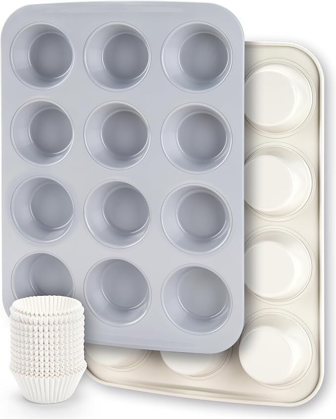 CARTMAN 2-Pack Ceramic Muffin Pan 12 Cup with 200 Cupcake Liners, Non-Stick & Non-Toxic Baking Tin for Healthy Muffins and Cupcakes, Perfect for Home Kitchens and Parties by CARTMAN
