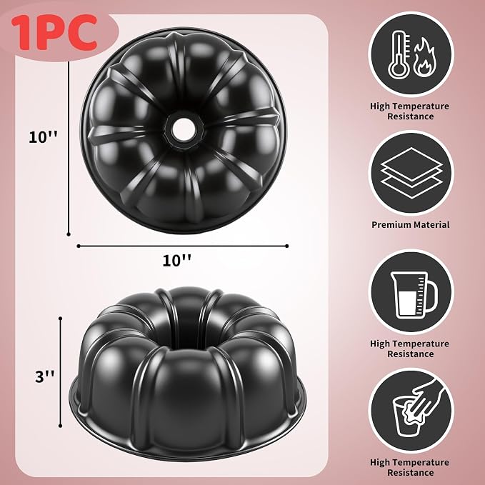 10” Cake Pan, Nonstick Fluted Cake Pan, Buntz Pound Cake Mold,Tube Bakeware,Baking Mold for Jello/Gelatin/Chocoflan, Non Toxic, Easy Clean - Black - Image 2