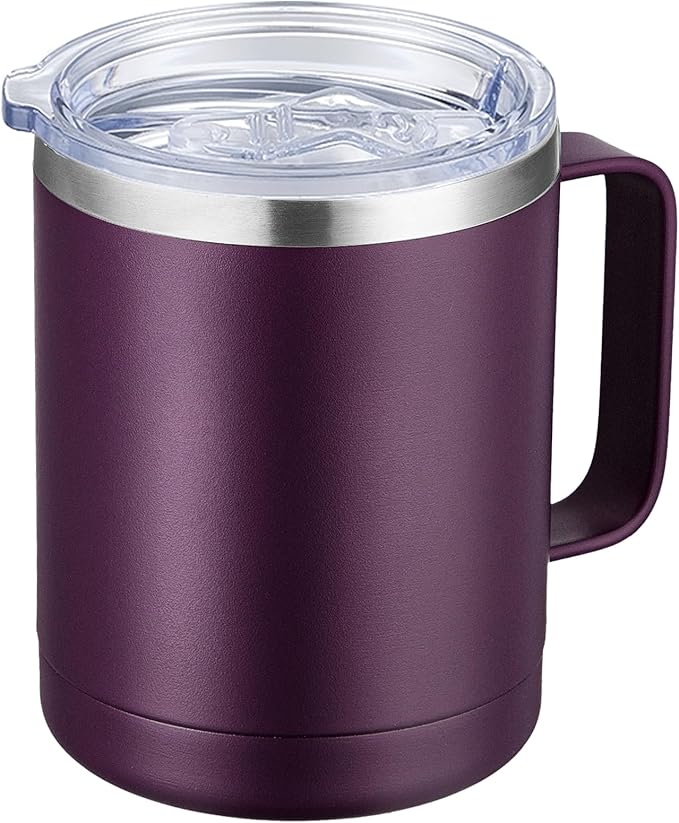 MEWAY 12oz Coffee Mug With Handle and Sliding Lid,Stainless Steel Travel Tumbler Cup with Handle,Double Wall Vacuum Insulated Camping Cup for Hot & Cold Drinks Tea (Plum,Set of 1) by MEWAY