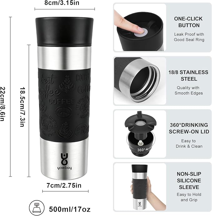 Travel Coffee Mug with 360°Lid, Travel Coffee Tumbler 16 oz Leak Proof, Stainless Steel Insulated Travel Mugs for Hot and Cold Spill Proof Leak Proof(Black) - Image 5