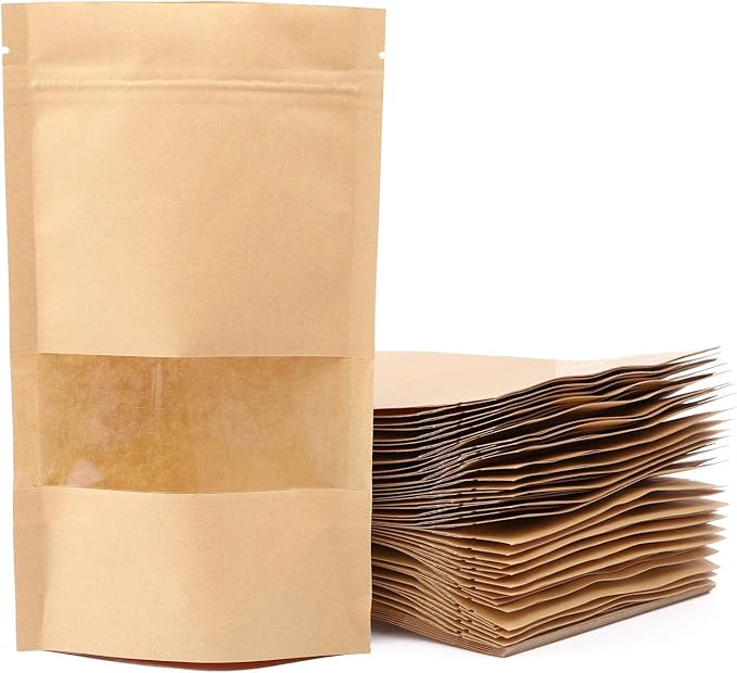 100pcs Kraft Paper Treat Bags with Window, Ziplock Stand Up Pouches for Packing Food Cookies Snacks by Tecbeauty