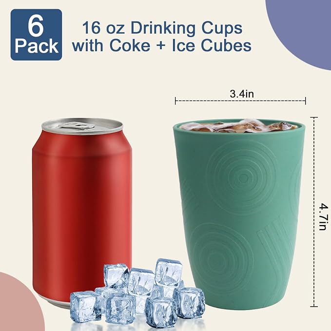 16 OZ Drinking Cups, Wheat Straw Cups Set of 6 - Reusable Water Cups, Unbreakable Plastic Drinking Glasses, Dishwasher Safe Tumbler Cups for Kitchen, Camping, RV -Green - Image 2