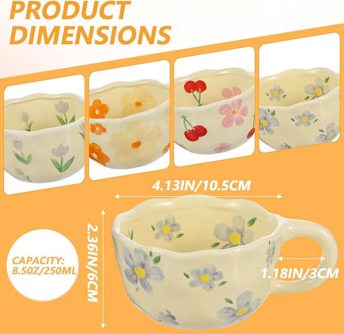 Lemecima 4 Styles Cute Ceramic Flower Coffee Mug Set 8.5 oz Vintage Aesthetic Porcelain Floral Tea Coffee Cup with Handle Dishwasher Microwave Safe for Thanksgiving Christmas Gifts for Women Gifts - Image 2