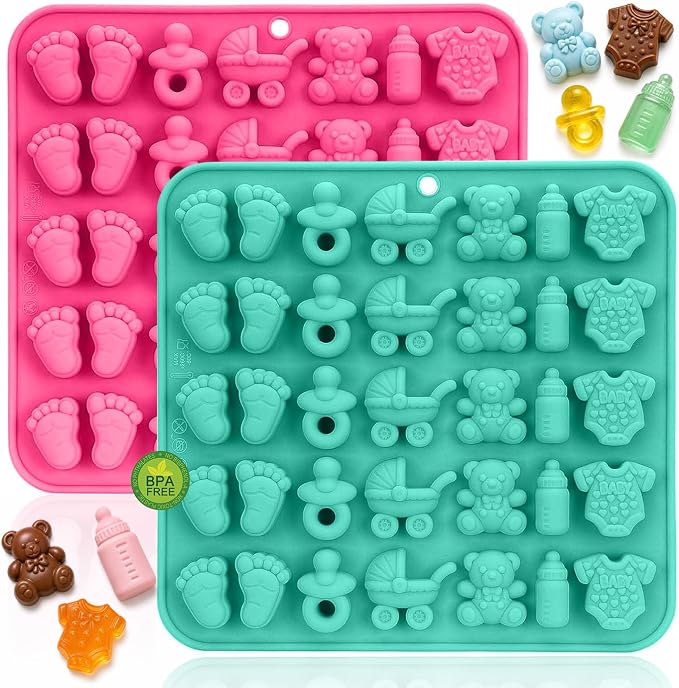 2 Pack Food Grade Silicone Chocolate Molds, Baby Onesie Foot Pacifier Cradle Bear Bottle Shapes, BPA Free Easy Demold for Candy Gummy Cake Decor Baby Shower Party by keliwa
