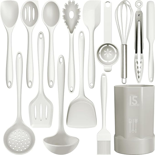 AOTHOD Silicone Cooking Utensils Set - 446°F Heat Resistant Silicone Kitchen Utensils,Spatula,Spoon, Kitchen Utensil Sets Gadgets Tools Set for Nonstick Cookware,Dishwasher Safe Bpa Free (Cream White) by Safeandsuitableforuse