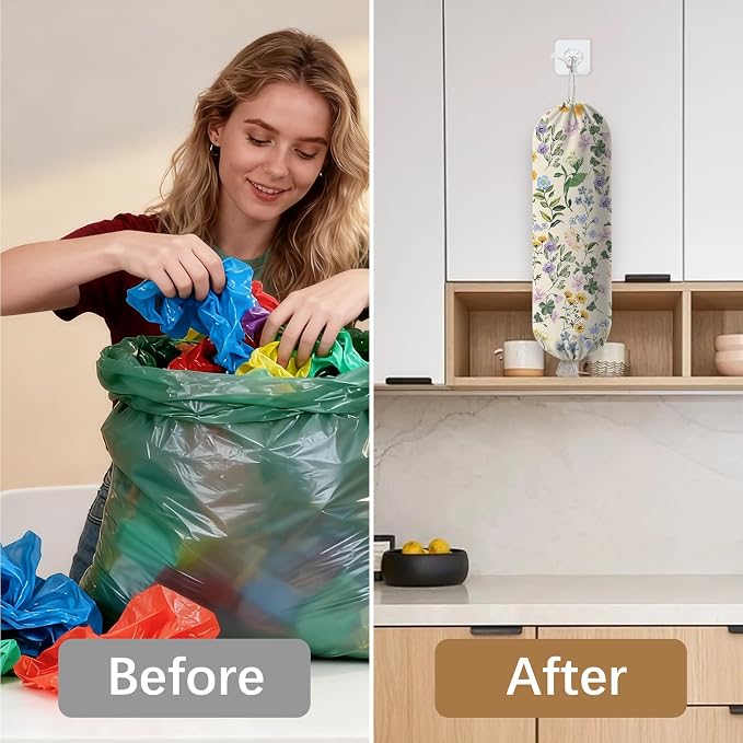 Floral Plastic Bag Holder Dispenser, Plastic Grocery Bag Organizer & Wall Mount Paper Trash Bags Saver Storage for Kitchen Home Pantry Decor, Shopping Bags Storage Dispenser - Image 6