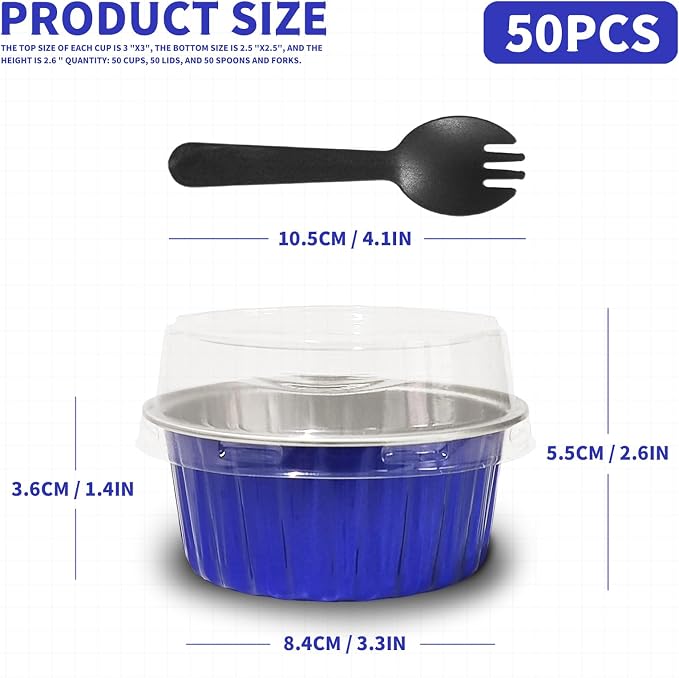 4th of July 50Pcs Mini Aluminum Foil Cupcake,5oz Baking Cups with Lids | Blue Mini Cake Pans,Oven Safe,Loaf Pans with Lids,Disposable Ramekins,Tin Cups Containers for Cupcake,Pudding,Cheesecake - Image 2