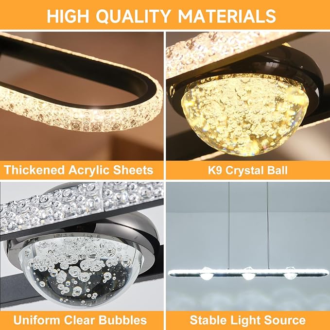 ORANOOR Modern LED Pendant Lights, Dimmable 39inch Crystal Globe Chandelier | Linear LED Chandelier Rectangle Black Dining Room Hanging Light Fixtures Kitchen Island Pendant Light Over Dining Table, 40W - Image 3