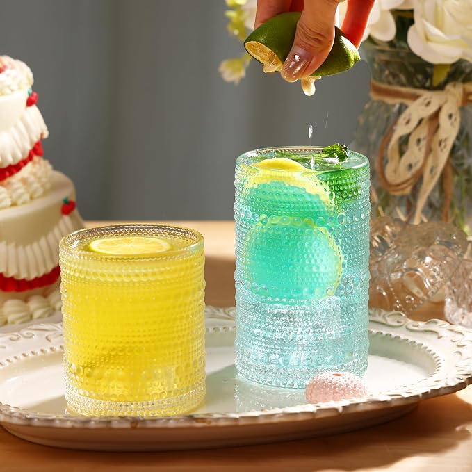 Moretoes Hobnail Drinking Glasses Set of 16, Vintage Water Glass Cups | 12 Oz Highball Glasses & 10 Oz Cocktail Glasses, Clear Embossed Boho Kitchen Bar Tumbler for Whiskey, Beer, Juice, Milk - Image 6