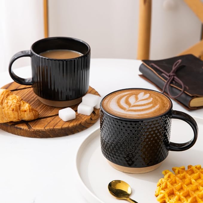 GBhome 12 OZ Stackable Coffee Mugs Set of 4, Ceramic Black Coffee Cups Set | Coffee Mugs With Stand, Dishwasher&Microwave Safe, 4 Assorted Designs - Image 6