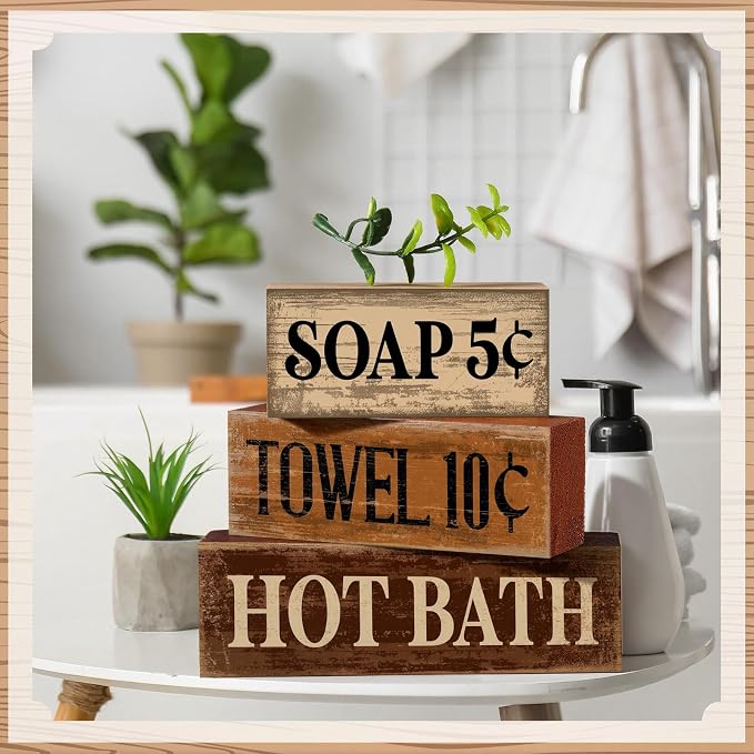 Moucuny 4 Pcs Bathroom Shelf Decor Sign Farmhouse Bathroom Decor and Accessories Rustic Eucalyptus Leaves Wood Block Sign Gifts Farmhouse Table Centerpiece for Hotel Country Campsite Washroom Toilet - Image 3
