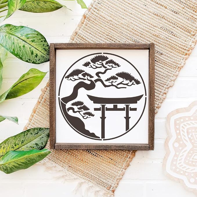 FINGERINSPIRE Japanese Torii Gate Painting Stencil with Brush 11.8x11.8inch Plastic PET Argyro Pine Trees Drawing Template Decorative Hollowed Oriental Theme Stencil for Painting on Wood Canvas - Image 7
