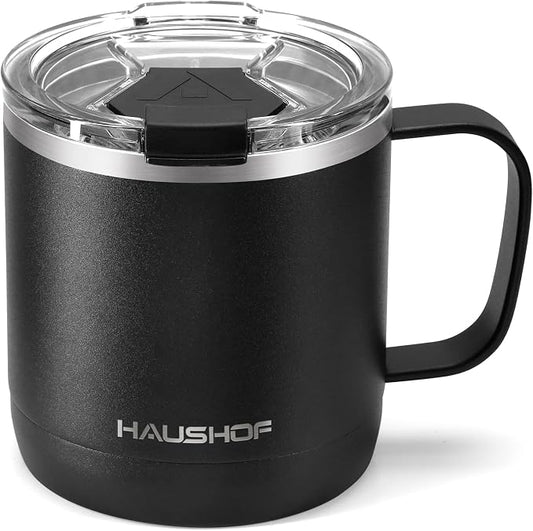 HAUSHOF 14 oz Coffee Mug, Insulated Coffee Mug with Handle, Travel Camping Cup, Portable Stainless Steel Coffee Cup, Insulated Coffee Cups with Lid, Black by HAUSHOF