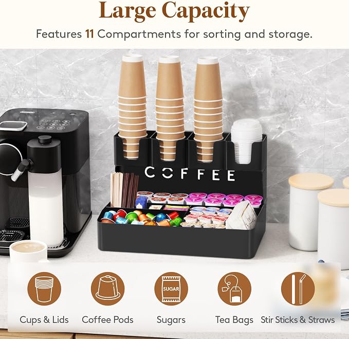 Lifewit 2-tier Coffee Station Organizer Caddy for Countertop, 11 Compartments Coffee Bar Organizers for Cups, Pods, Sugar, Compact Condiment Holders Storage for Office Breakroom Kitchen Home Black - Image 2