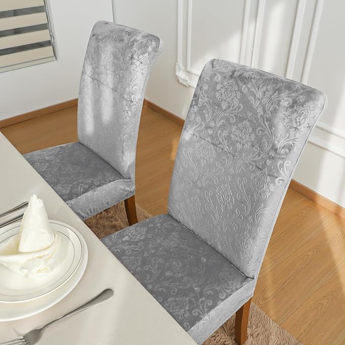 FORCHEER Chair Covers for Dining Chairs Set of 4,Velvet Light Grey Stretch Dining Room Chair Cover Kitchen Parsons Chair Slipcovers (Pack of 4, Velvet Light Grey) - Image 3
