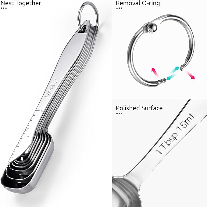 U-Taste Narrow Square Measuring Spoons: 18/8 Stainless Steel Kitchen Measure Teaspoon Tablespoon with Leveler, Polygon Rectangular Metal Jar Scoop for Baking Cooking, Coffee, Spice, Powder (Set of 8)