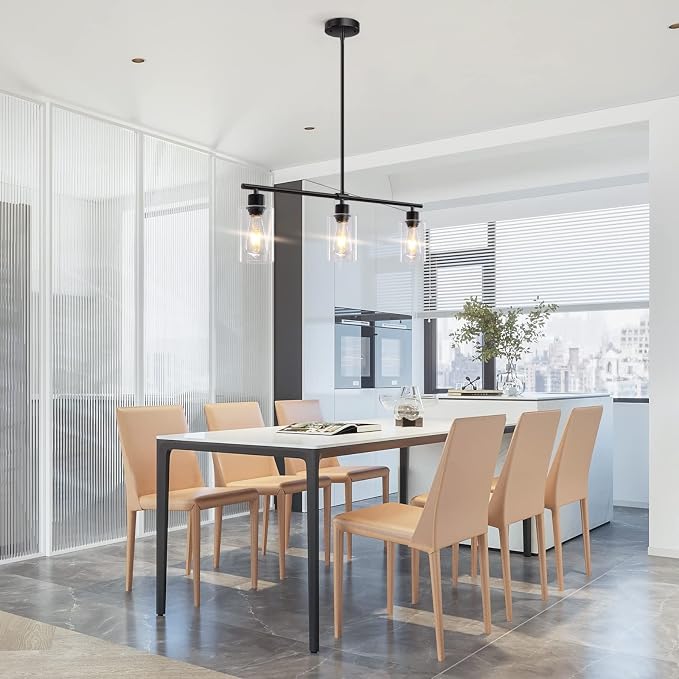 Kitchen Island Lighting, 3 Lights Linear Chandeliers Rectangle Pendant Light Fixtures for Dining Room Farmhouse Hanging Light with Glass Shades(Black) - Image 7