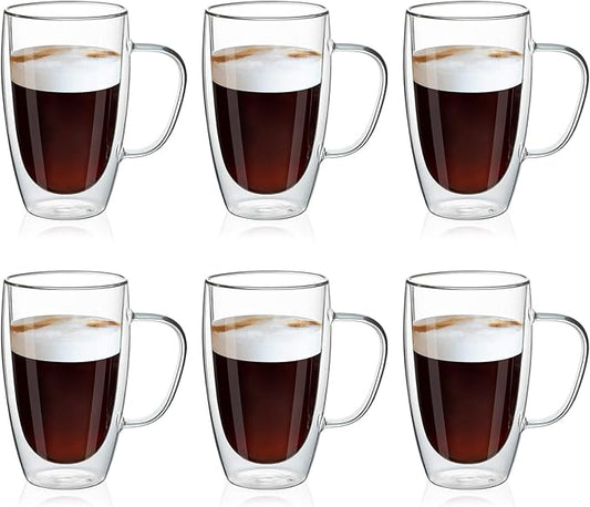 MEWAY 16oz/6 pack Coffee Mugs, Thickened Clear Glass Double Wall Cup with handle for Coffee, Tea, Latte, Cappuccino (16 oz，6) by MEWAY