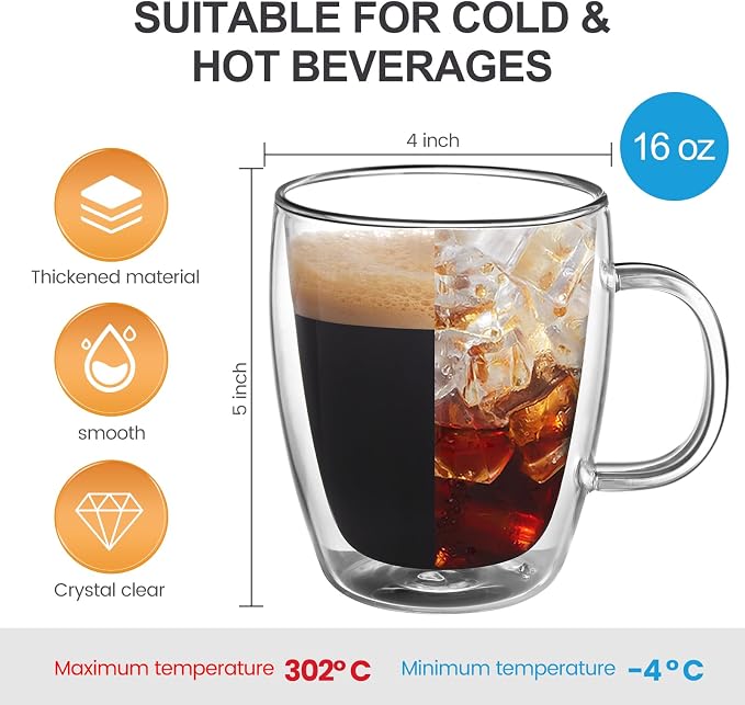 YUNCANG Double Wall Insulated Coffee Mugs, 16 Ounces - Clear Glass, Cappuccino & Latte Cups, Heat Resistant - Image 2