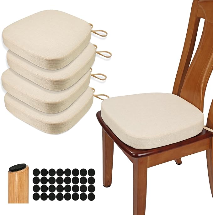 BUYUE Thickened 2.5" Dining Chair Cushions Set of 4, U-Shape High Density Foam Comfortable Chair Pads for Kitchen, Slip Resistant Indoor Seat Cushions (4 PCS, Beige) by BUYUE