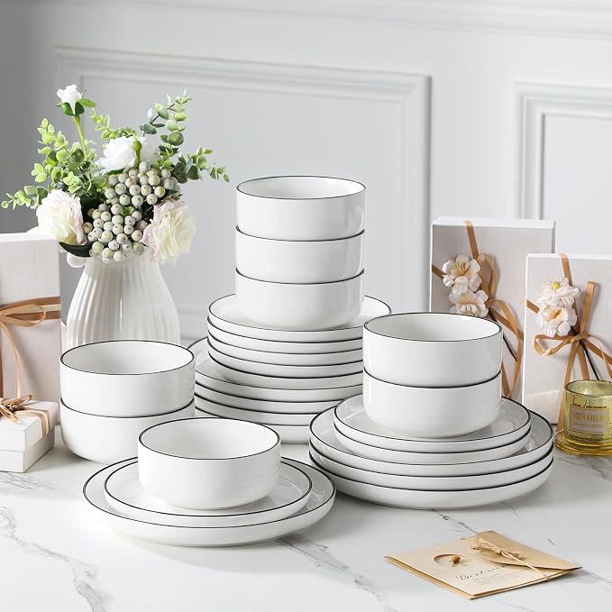 MALACASA Plates and Bowls Sets, 24 Pieces Modern Porcelain Dinnerware Set for 8 White Kitchen Dinner Dining Ware Set wtih Black Rim Ceramic Dishware Dishes Microwave and Dishwasher Safe, Series LUNA | Modern Ceramic Dishware Set,Kitchen Dining Ware,Mic... - Image 6