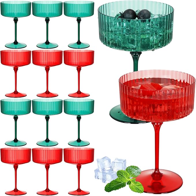 Jingmore 12 Pcs Ribbed Martini Glasses 10 oz Disposable Plastic Vintage Ribbed Coupe Glasses Unbreakable Dessert Parfait Glassware for Wedding Birthday Party Supplies (Red and Green) by Jingmore