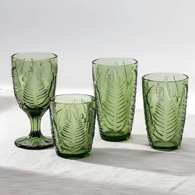 Green Drinking Glasses Set of 8 - 12 & 10 oz, Vintage Boho Fern Glass Cups | Hand-Pressed, Dishwasher Safe, Leaf-Textured Glassware, Colored Embossed Highball & Lowball Tumblers for Water, Retro Kitchen - Image 9