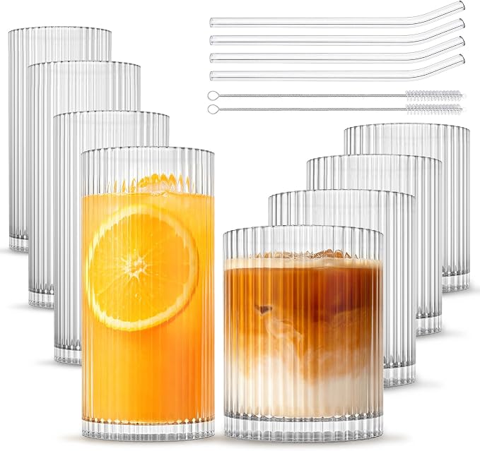 INSETLAN Set of 8 Vintage Glassware - 4 Highball Glasses 12 oz, 4 Rocks Glass Cups 14 oz, Ribbed Glassware Cocktail Glasses, Ideal for Wine, Juice, Water, Ice Coffee Cup, Whiskey, Mixed Drinkware by INSETLAN