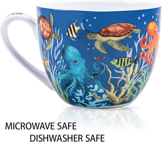 Summer Ocean Wonders Hug Mug - 20oz Deep Blue Bone China Coffee Mug with Sea Turtle, Octopus and Tropical Fish, Marine Life Themed Gift for Ocean Lovers, Designed in England by Harvest Green Studio - Image 4
