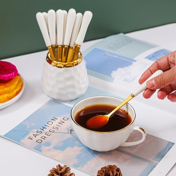 Coffee Spoon Set,Ceramic Jar with 8 Small Spoons for Coffee,Tea,Ice Cream,Cake,Flatware Set (White gold jar+8 spoons)