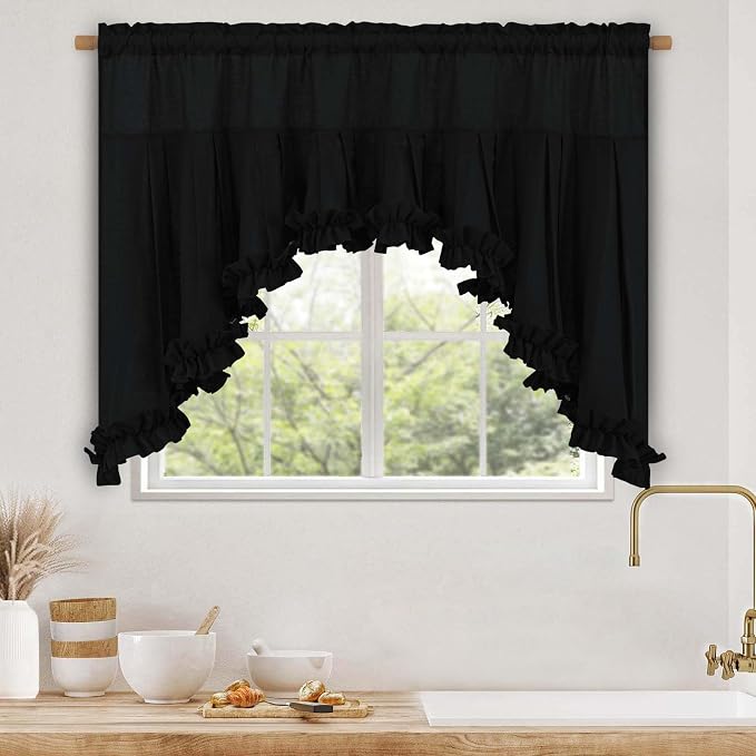 Likiyol Linen Swag Valances for Windows Farmhouse Ruffle Valance Rustic Country Window Valances Light Filtering Kitchen Curtains Rod Pocket Valance Curtains for Bathroom Cafe, Black, 60" W x 36" L - Image 2