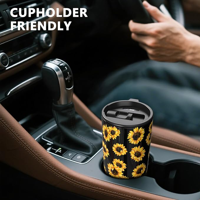 TILUCK 20 oz Insulated Coffee Tumbler with BPA-Free Lid | Travel Coffee Mug, Dishwasher Safe, Cup Holder Friendly, Double-Wall Vacuum Insulation for Hot & Cold Drinks, SunFlower - Image 4