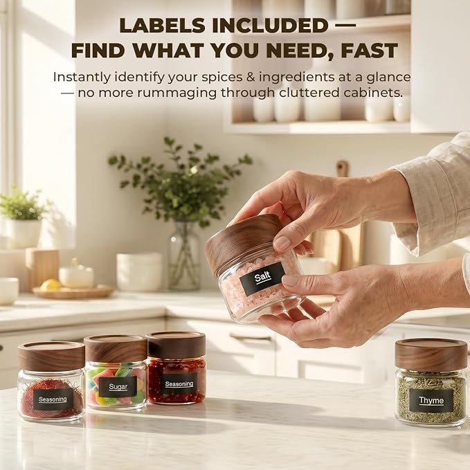 4 Pack 4 oz Glass Jars with Lids, Small Mason Jars with Airtight Acacia Wood Lid, Glass Spice Jars for Kitchen Pantry Organization, 4oz Small Jars for Spices, Nuts, Herbs & Seasoning - Image 2