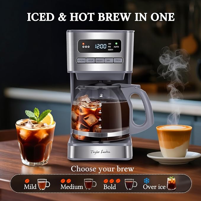 Taylor Swoden Iced Coffee maker 12 Cup, Gray & Stainless Steel | Programmable Coffee Maker, 4 Brew Strength, 24H Timer, Keep Warm&Auto Shutoff- Drip Coffee Machine for Home/Office, - Image 3