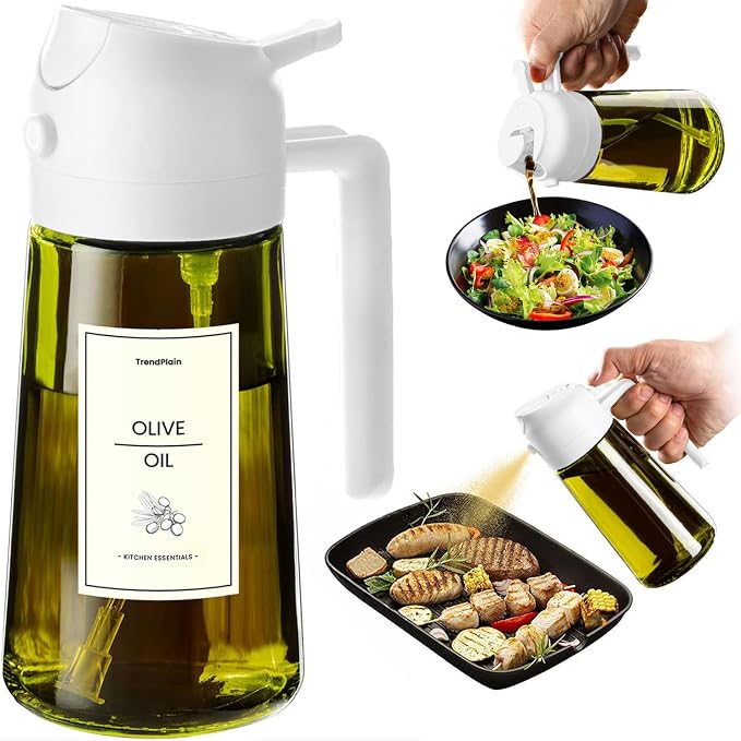 TrendPlain - Original 16oz/470ml Olive Oil Dispenser Bottle for Kitchen Gadgets and Air Fryer Accessories - Olive Oil Sprayer for Cooking w/Stickers - White by TrendPlain