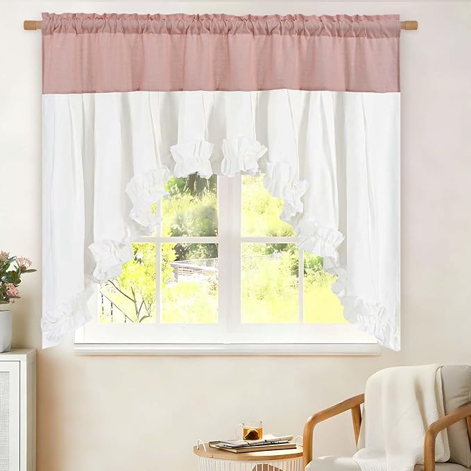Likiyol Linen Valances for Windows Farmhouse Ruffle Swag Valance Rustic Country Window Valances Light Filtering Kitchen Curtains Rod Pocket Valance Curtains for Bathroom Cafe, Pink White, 60"W x 36"L - Image 2