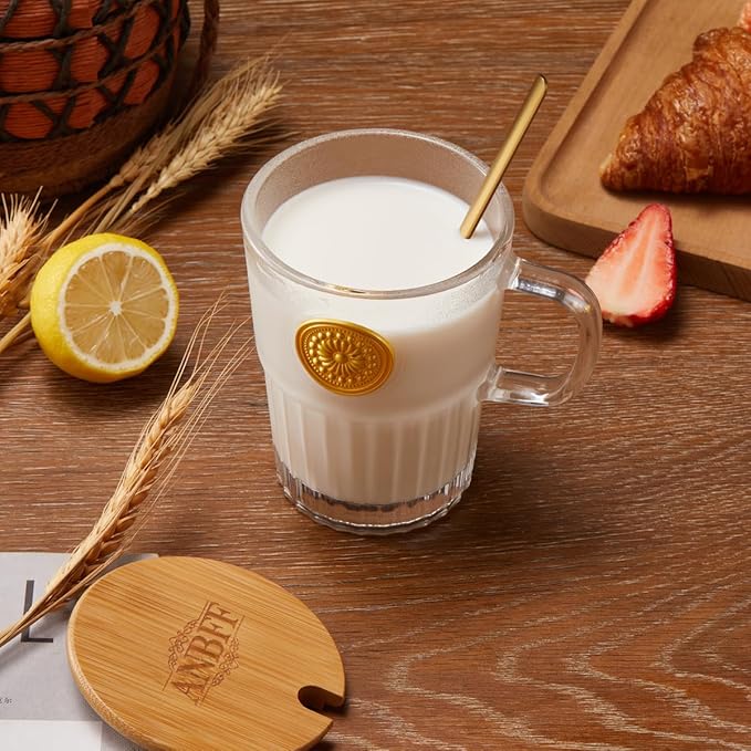 Vintage Glass Coffee Mugs Set of 2, 15oz Embossed Glass Coffee Cups with Bamboo Lids and Spoons, Handmade Tea Cups with Handle and Gift Box - for Cappuccino, Latte, Milk