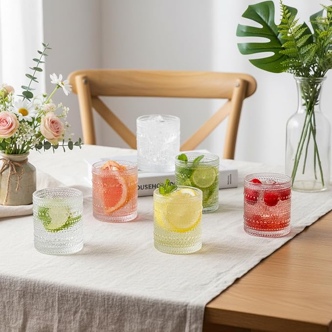 Moretoes Cocktail Glasses10 OZ Hobnail Drinking Glasses Set of 6 | Vintage Whiskey Glassware, Textured Glass Cups Bubble Glasses Water Glasses Old Fashion Jupiter Glasses Set (Clear) - Image 5