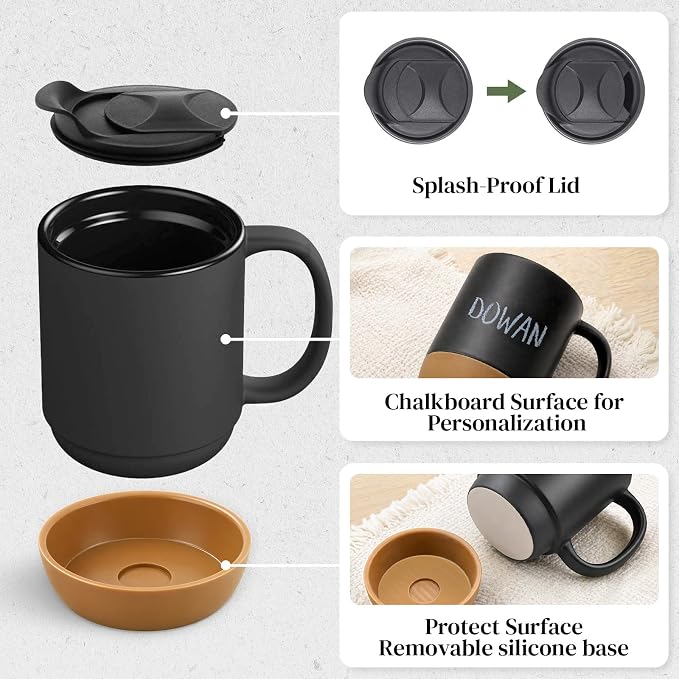 DOWAN Coffee Mugs, 15 oz Upgraded Coffee Mug with Silicone Bottom, Large Ceramic Coffee Mug set of 2 with Spill Proof Lid for Mom Dad, Big Mug for Latte Tea, Matte Grey - Image 3