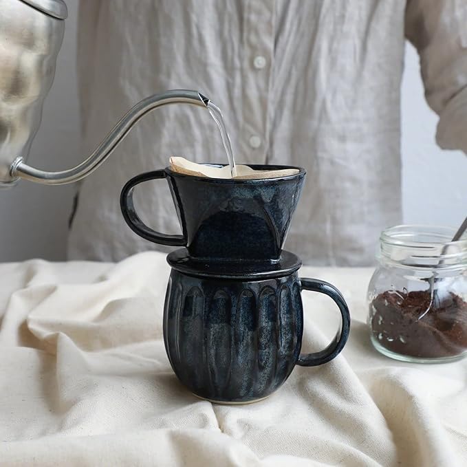 Asayu Japan Ceramic Coffee Pour Over Maker Set in Dark Navy Blue, Slow Brewing Paper Filter Holder and Dripper with 3 Holes for Coffee and Tea - Accessory Ceramic Mug
